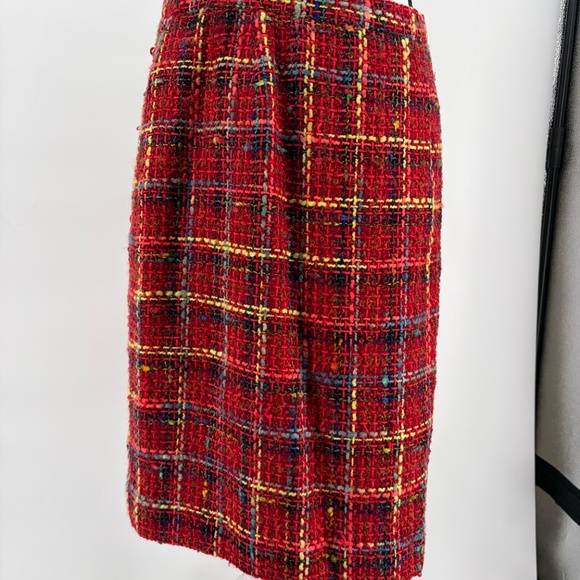 Vintage Women's Skirt Red Boucle Union-Made Wool 10 Plaid Academia Tartan Pencil - Picture 2 of 15